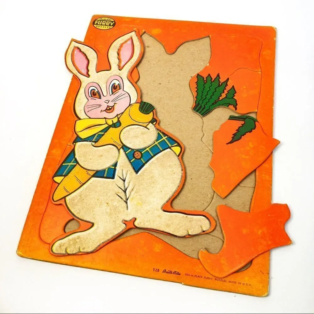 2 Built Rite Fuzzy, Furry Puzzles - Bunny/Bear, 1950’s Vintage